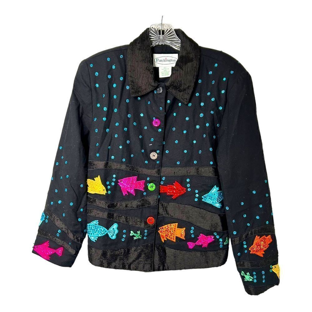 PATCHINGTON Black Blazer Pink Blue Orange Embroidered Sequence Fish Womens M